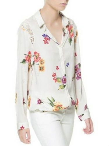 Blusa Florida Estilo Retro Manga Comprida de Chiffon
